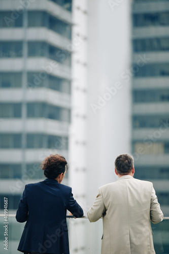 Business colleagues standing on rooftop, looking at cityscape and discussing company development, view from the back