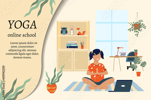 Girl, student practices yoga at home using a laptop. Online yoga school concept. Place for text