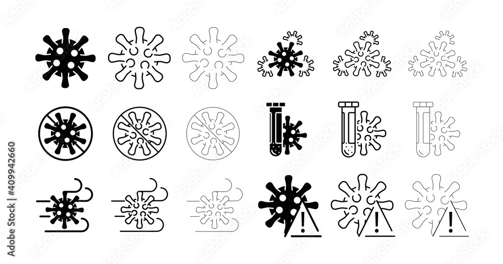 18 different thickness virus icon set. Flu and coronavirus icons set. Collection of linear simple web icons such as symptoms, treatment, virus, vaccine, wind, caution, prevention and other. 18 different thickness virus icon set. Flu and coronavirus icons set. Collection of linear simple web icons such as symptoms, treatment, virus, vaccine, wind, caution, prevention and other.