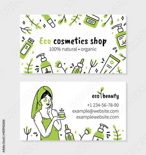 Eco-friendly natural organic cosmetics visit card for printing in Doodle style. A woman after taking a bath is smeared with cream. Double-sided vector template