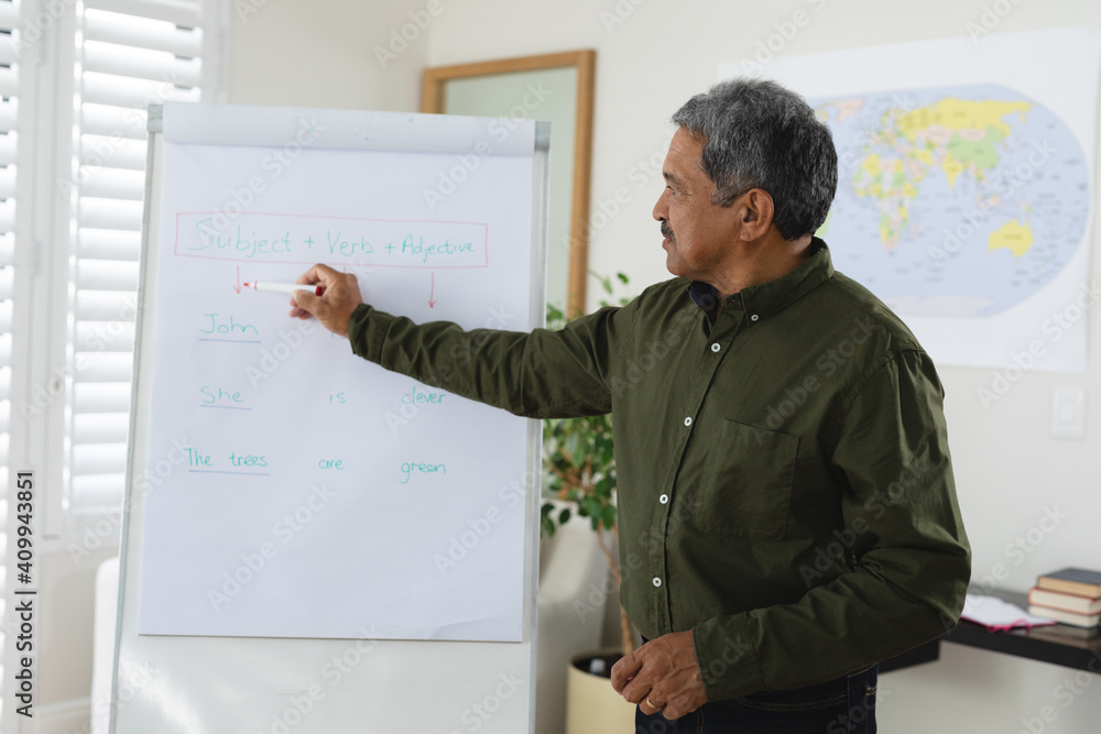 Mixed race male english teacher standing at a whiteboard giving an online lesson to camera