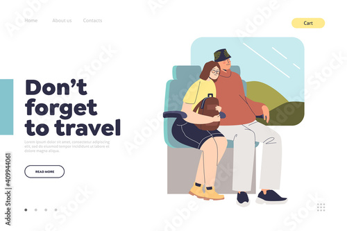 Travel concept of landing page with couple sleeping inside train during trip