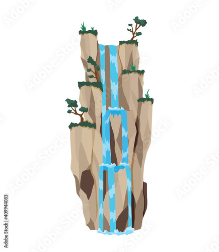 Cartoon river cascade waterfall. Landscape with mountains and trees. Design element for travel brochure or illustration mobile game. Fresh natural water
