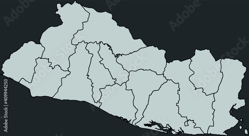 Contour vector map of El salvador with the designation of the administrative borders of the regions on a dark background.