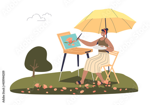Woman painter drawing in open air, female plein air artist painting landscape outdoors