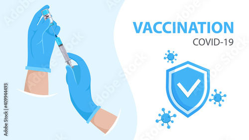 Coronavirus vaccination banner. Covid-19 prevention. Hands with medical gloves holding vaccine bottle and syringe. Safety measure during coronavirus. Vector illustration.