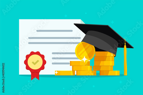 Tuition grant certificate, education study money, diploma expenses cost, learning success investment, graduation degree document fee vector flat cartoon illustration, scholarship savings, expensive