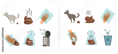 Dog poo clean up steps infographic set. Picking waste in canine bag and throw in the trash. Vector poster about hygiene animal, toilet cleaning information after your dog step by step
