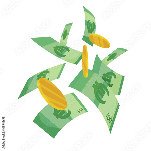 European currency note euro banknotes. Money vector illustration. Investment capital wealth savings or financial prosperity symbol. Paper money and coins