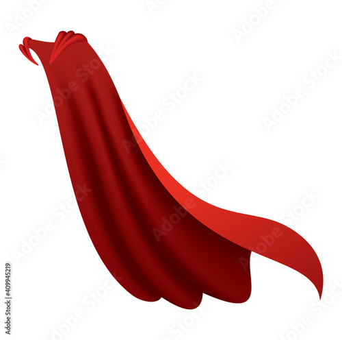 Superhero red cape. Scarlet fabric silk cloak in side view. Carnival or masquerade dress. Realistic costume design. Silk flying cape