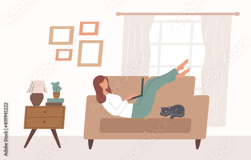 Woman with laptop lying on sofa at home interior. Flat design illustration. Vector