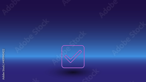 Neon checkbox symbol on a gradient blue background. The isolated symbol is located in the bottom center. Gradient blue with light blue skyline