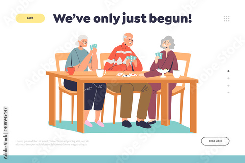 Life begins after retirement concept of landing page with group of happy senior people playing cards
