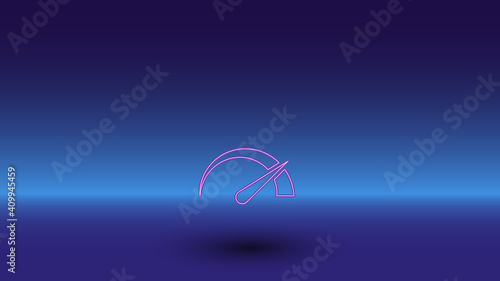 Neon tachometer symbol on a gradient blue background. The isolated symbol is located in the bottom center. Gradient blue with light blue skyline
