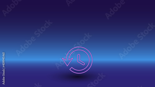 Neon time back symbol on a gradient blue background. The isolated symbol is located in the bottom center. Gradient blue with light blue skyline