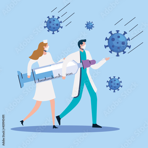 covid19 particles with doctors couple and syringe vector illustration design