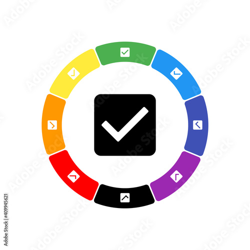 A large black checkbox symbol in the center, surrounded by eight white symbols on a colored background. Background of seven rainbow colors and black. Vector illustration on white background