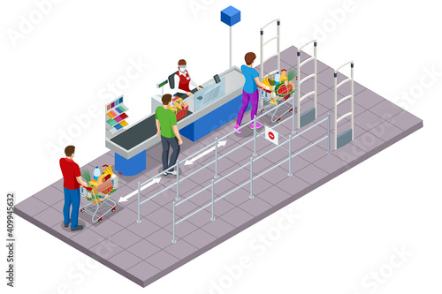 Isometric series of cash registers, cash desk, in a large supermarket. People with shopping carts and baskets waiting in line at the cash register