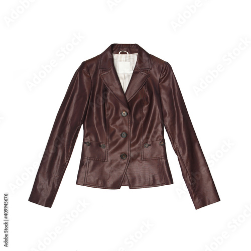 Dark brown leather female jacket isolated on white background