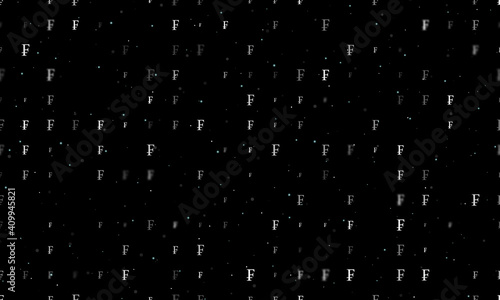 Seamless background pattern of evenly spaced white franc symbols of different sizes and opacity. Vector illustration on black background with stars © Alexey