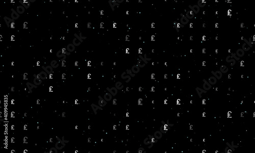 Seamless background pattern of evenly spaced white lira symbols of different sizes and opacity. Vector illustration on black background with stars