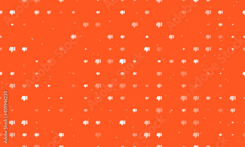 Seamless background pattern of evenly spaced white thumb down symbols of different sizes and opacity. Vector illustration on deep orange background with stars