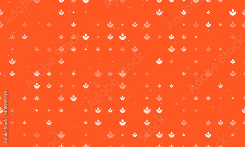 Seamless background pattern of evenly spaced white water lily symbols of different sizes and opacity. Vector illustration on deep orange background with stars