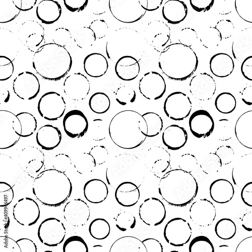 Circles blot ink-drawn seamless pattern. Black and white vector illustration.