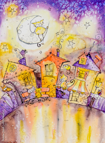 cats-town-at-night-children-illustration-picture-created-with-watercolors