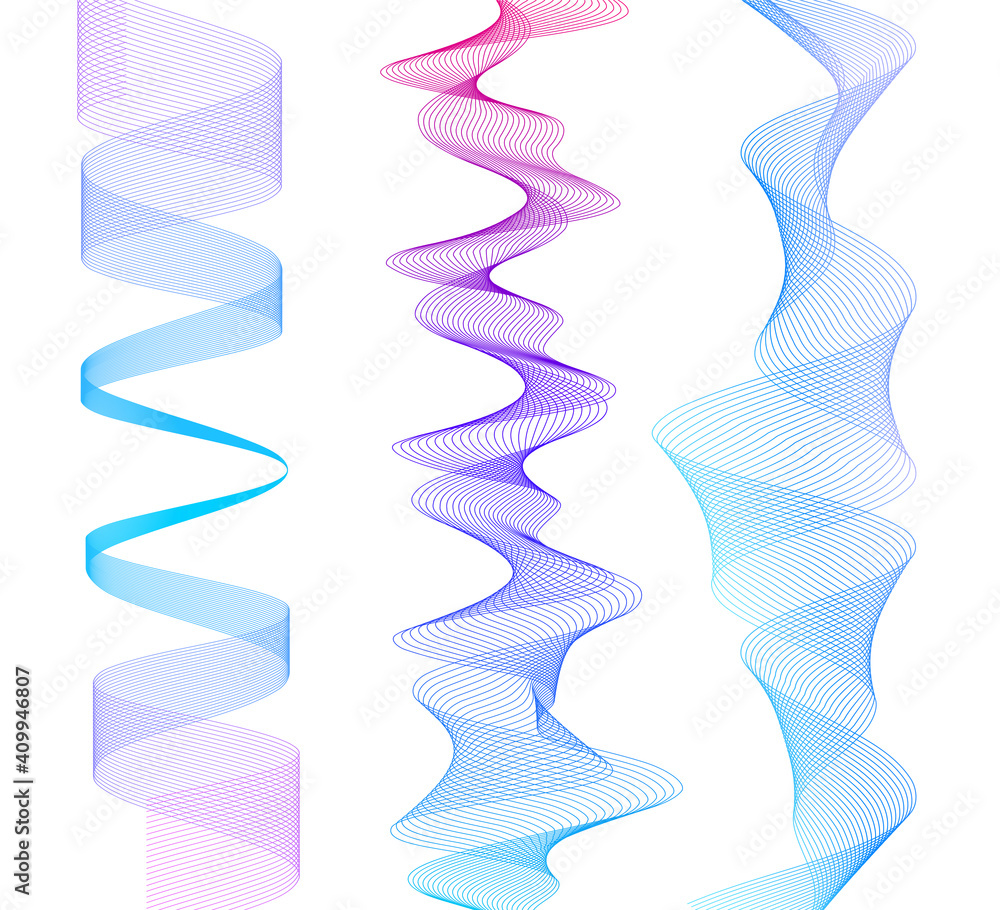 Wave of the many colored lines. Abstract wavy stripes on a white background isolated. Creative line art. Vector illustration EPS 10. Design elements created using the Blend Tool. Curved smooth tape Wave of the many colored lines. Abstract wavy stripes on a white background isolated. Creative line art. Vector illustration EPS 10. Design elements created using the Blend Tool. Curved smooth tape
