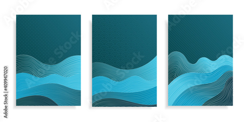 Abstract art posters background blue aqua sea waves,ocean water and coast beach.Template texture wave lines pattern for banner or card.Frames for text with logo.Vector cover social media,textile print