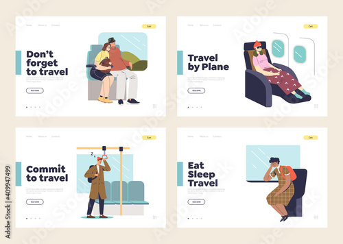 Travel and transportation concept of set of landing pages with passengers in plane, train and subway