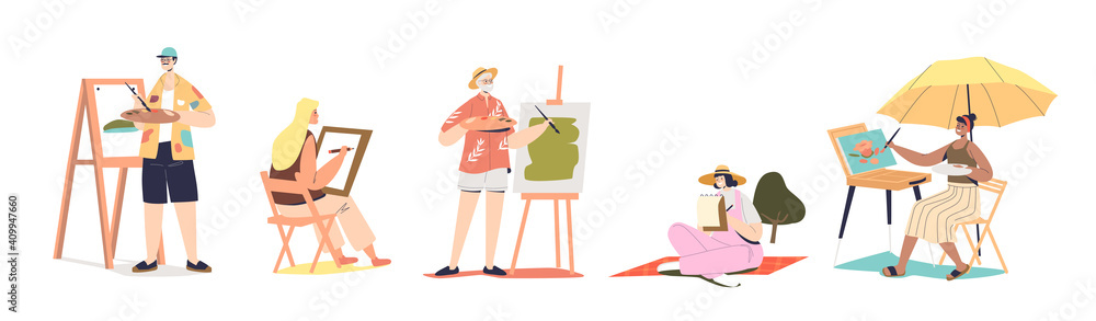 Set of different painters: young and senior male and female drawing on easels or sketching Set of different painters: young and senior male and female drawing on easels or sketching