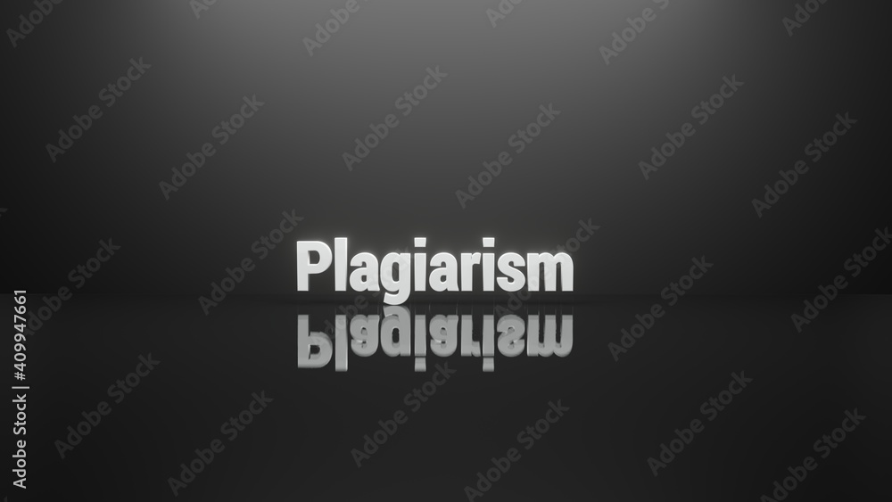 Plagiarism Letter in Reflection Floor. 3D Illustration in Dark Background