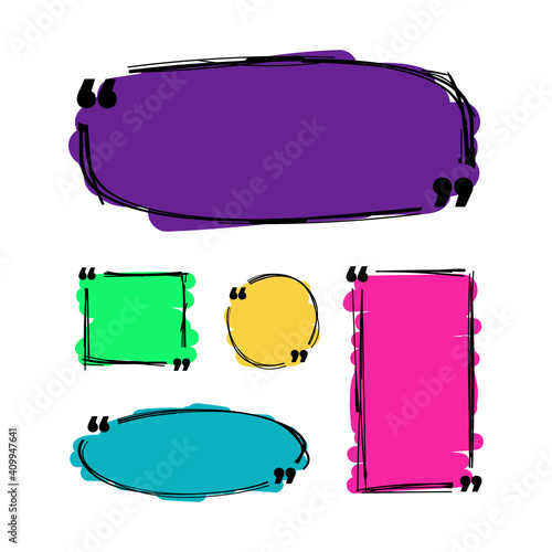Doodle quote box frame. Hand drawn speech bubble templates set. Blank template quote text info design boxes quotation bubble blog quotes symbols. Creative vector banner illustration.
