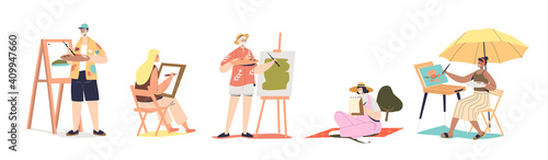 Set of different painters: young and senior male and female drawing on easels or sketching