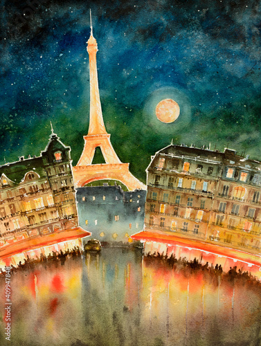 Romantic evening in Paris, France, Street with Cafe and Eiffel Tower view. Watercolors illustration.