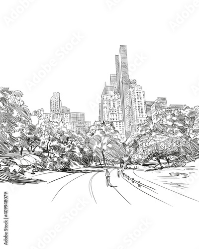Central park. New York. USA. Hand drawn city sketch. Vector illustration.