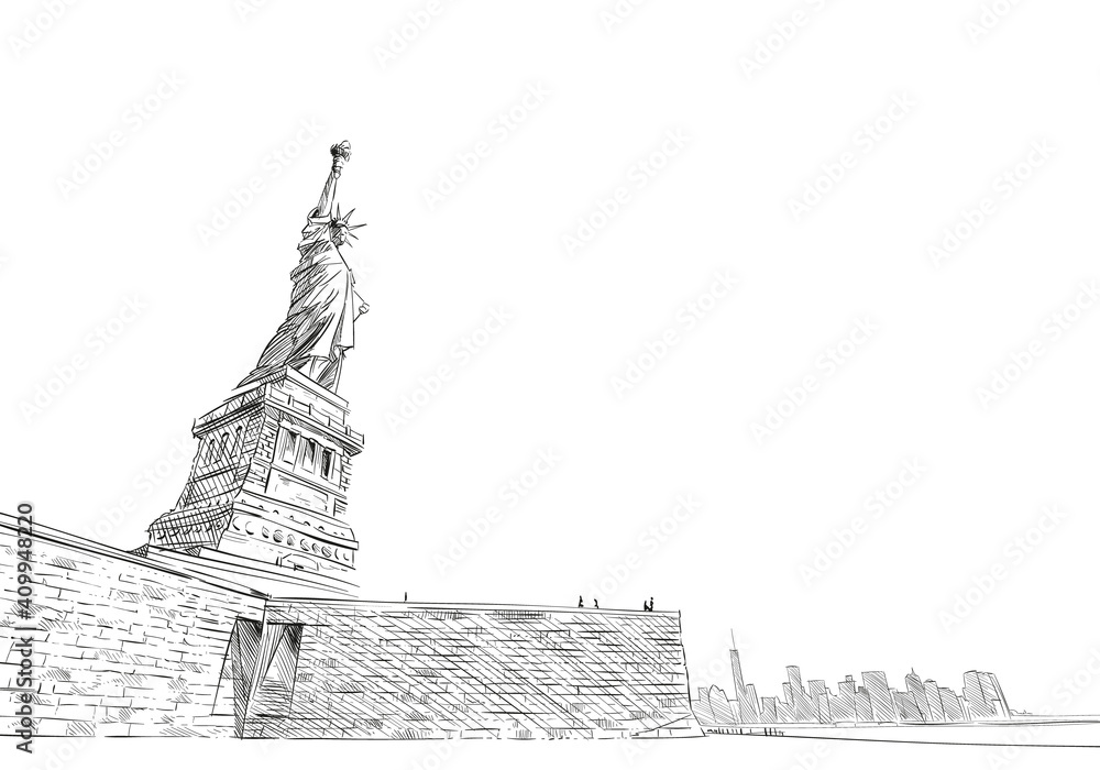 Statue of Liberty. New York. USA. Hand drawn city sketch. Vector illustration.