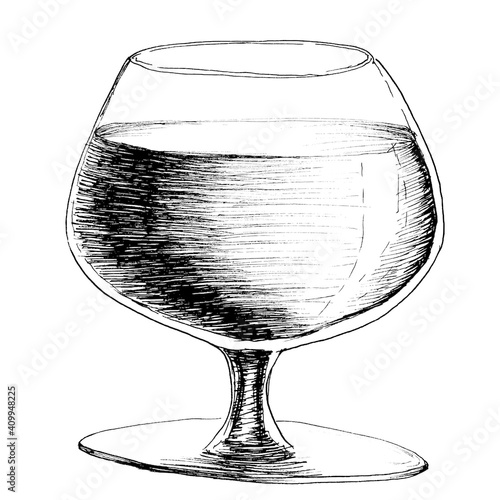Vector monochrome hand drawn sketch style illustration of brandy or whiskey wineglass isolated on white background.