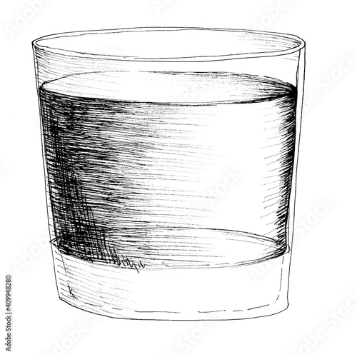 Vector monochrome hand drawn sketch illustration of whiskey or vodka wineglass isolated on white background.