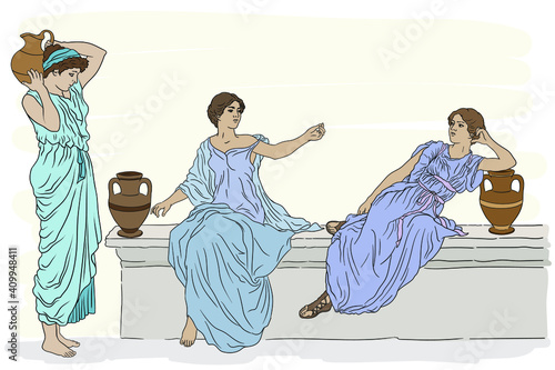 Three ancient Greek women in tunics with clay jugs are talking to each other.