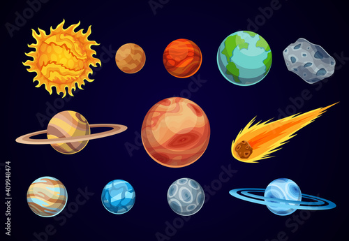 Cartoon solar system planets. Astronomical observatory small planet. Astronomy galaxy space. Sun Mercury Venus Earth Mars Jupiter Saturn Uranus Neptune Comet Asteroid