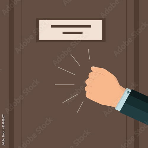 A knock on the door. The man's hand is knocking on the door. Request for permission to enter the room. The businessman's insistent knock. Vector illustration. Flat style.