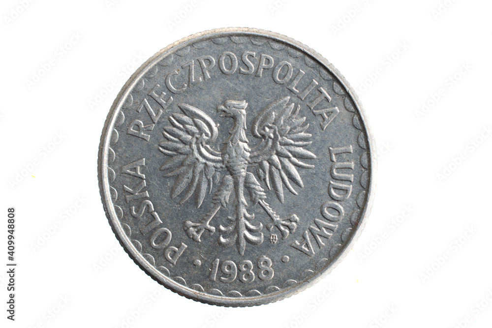 Polish 1 zloty coin from the PRL period on a white background Polish 1 zloty coin from the PRL period on a white background