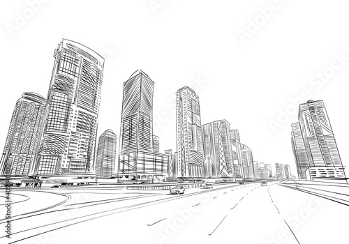 Office building hand drawn, vector illustration