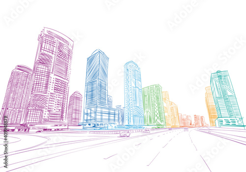 Office building hand drawn, vector illustration