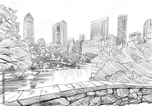 Central park. New York. USA. Hand drawn city sketch. Vector illustration.