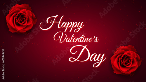 Happy Valentine's Day banner. Red heart Valentine day background with rose pattern and typography of happy valentines day text.