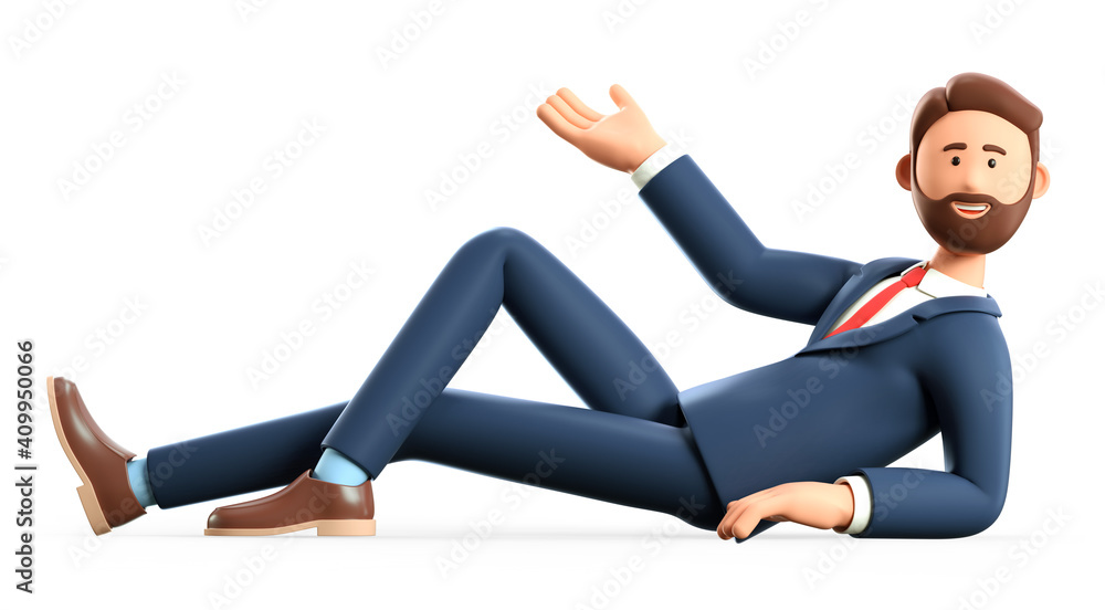 custom made wallpaper toronto digital3D illustration of happy bearded man lying on the floor. Cute cartoon smiling businessman in full length pointing hand, isolated on white.